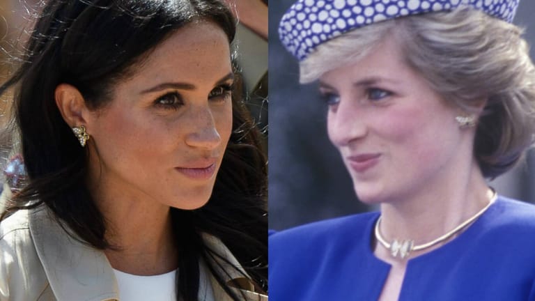 Herzogin Meghan im Oktober 2018 und Prinzessin Diana im Mai 1986: Beide tragen dieselben Schmetterlingsohrringe.