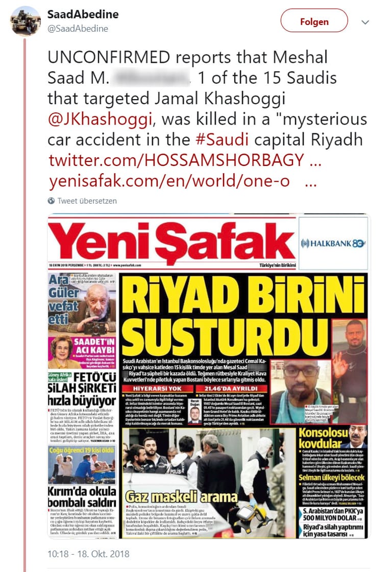 Die türkische Zeitung "Yeni Safak" berichtete am Donnerstag auf ihrer Titelseite über den Tod des mutmaßlichen Mitglieds des Killerkommandos.