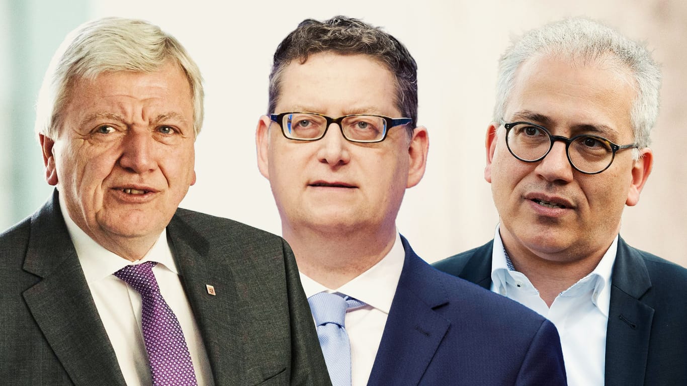 Volker Bouffier (von links), Thorsten Schäfer-Gümbel und Tarek Al-Wazir: Wer hat in Hessen die Nase vorn?