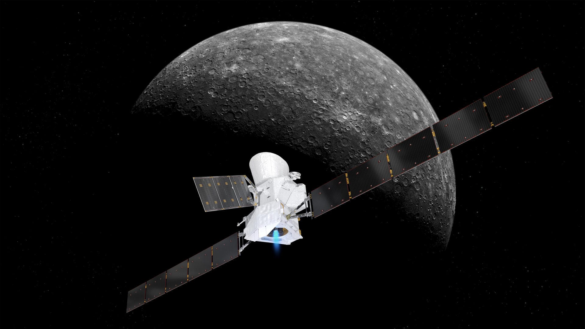 Sonde BepiColombo im Anflug auf den Merkur. Sonde BepiColombo im Anflug auf den Merkur.