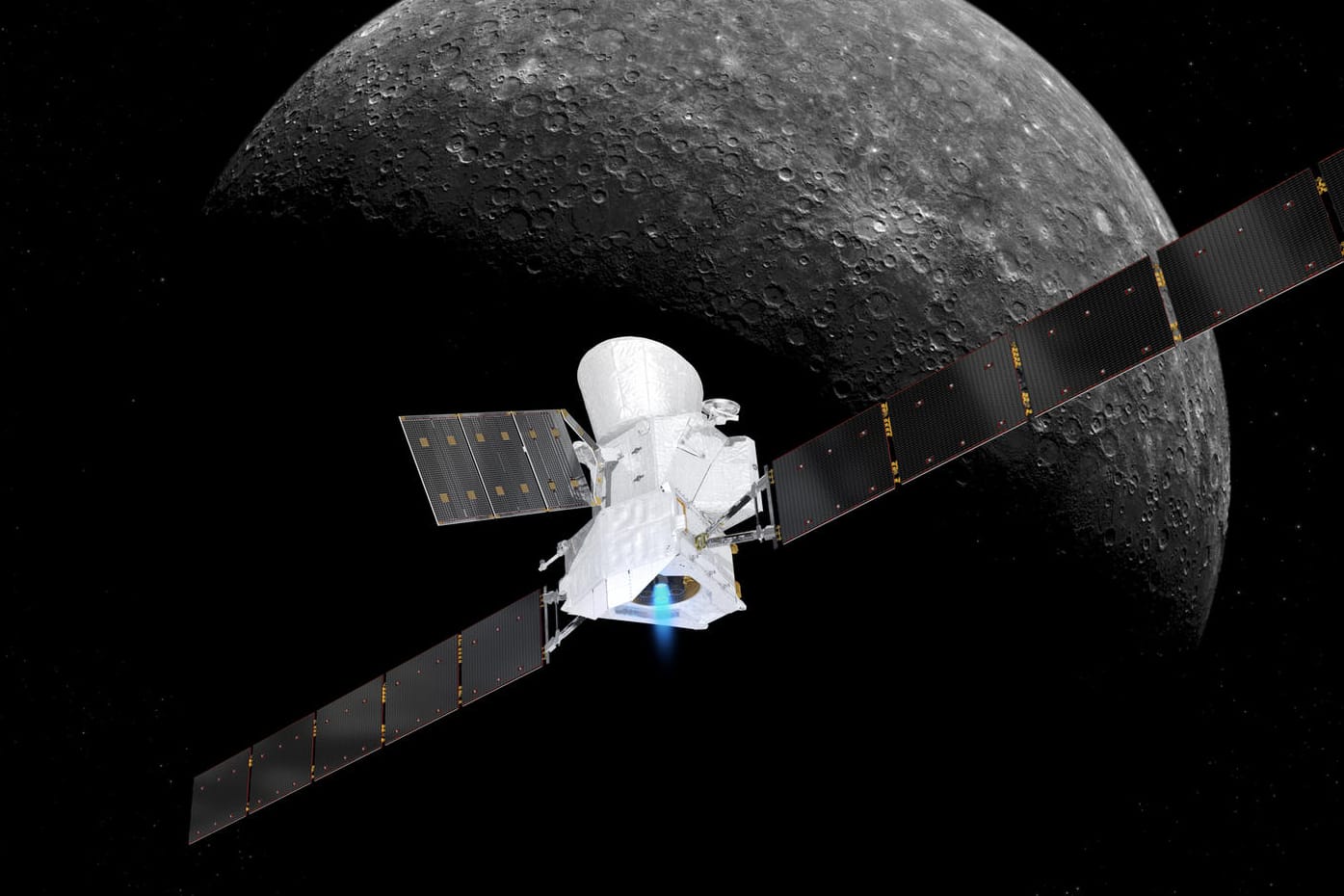 Ein grafische Darstellung zeigt die Sonde BepiColombo im Anflug auf den Merkur: Die europäisch-japanische Raumsonde BepiColombo hat ihre Reise zum Merkur begonnen.