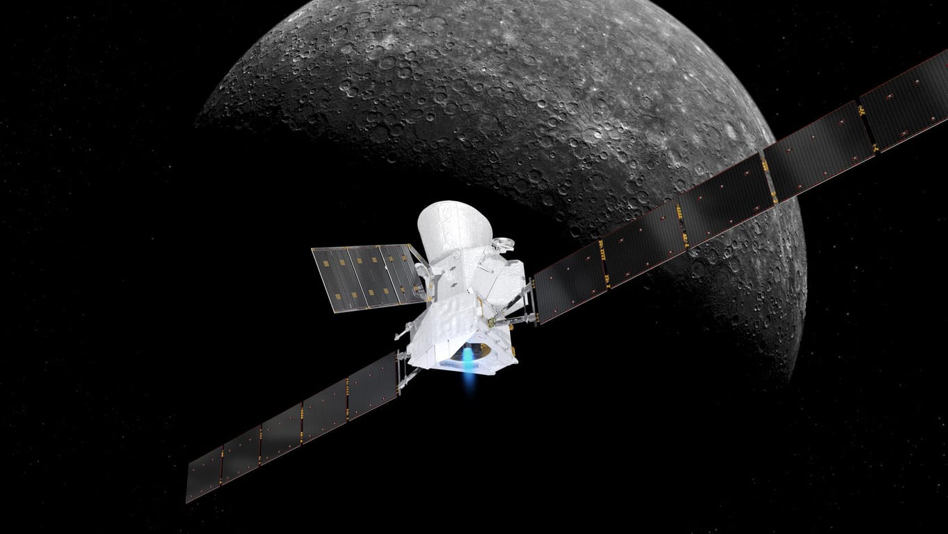 Ein grafische Darstellung zeigt die Sonde BepiColombo im Anflug auf den Merkur: Die europäisch-japanische Raumsonde BepiColombo hat ihre Reise zum Merkur begonnen.