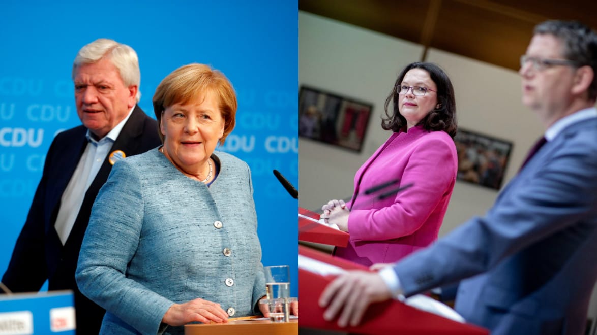 Kanzlerin Angela merkel mit dem hessischen Minsterpräsidenten Volker Bouffier und SPD-Chefin Andrea Nahles mit dem SPD-Spitzenkandidaten in Hessen, Thorsten Schäfer-Gümbel: CDU und SPD stellen sich auf ein schwieriges Wahlergebnis bei der Landtagswahl in Hessen ein. Kanzlerin Angela merkel mit dem hessischen Minsterpräsidenten Volker Bouffier und SPD-Chefin Andrea Nahles mit dem SPD-Spitzenkandidaten in Hessen, Thorsten Schäfer-Gümbel: CDU und SPD stellen sich auf ein schwieriges Wahlergebnis bei der Landtagswahl in Hessen ein.