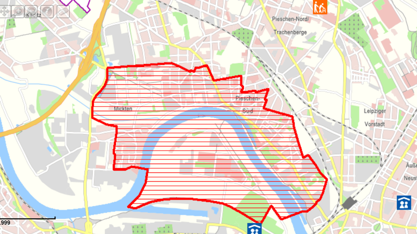 Bombenentschärfung: Die Online-Präsenz der Stadt Dresden hat das betroffene Sperrgebiet gekennzeichnet.