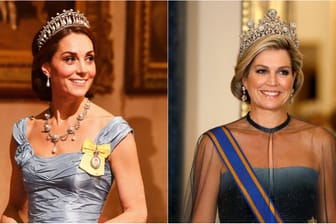 Große Abendroben und opulenter Schmuck: Herzogin Kate und Königin Màxima ziehen alle Blicke auf sich.