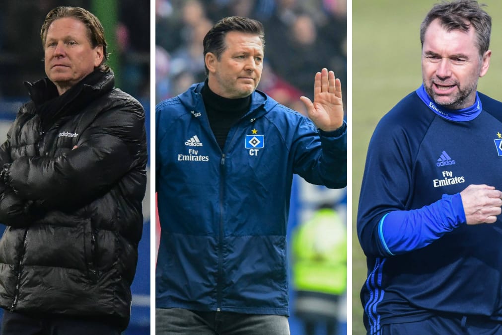 Die Ex-Trainer des HSV von September 2016 bis Oktober 2018: Markus Gisdol, Christian Titz und Bernd Hollerbach (v. l.).