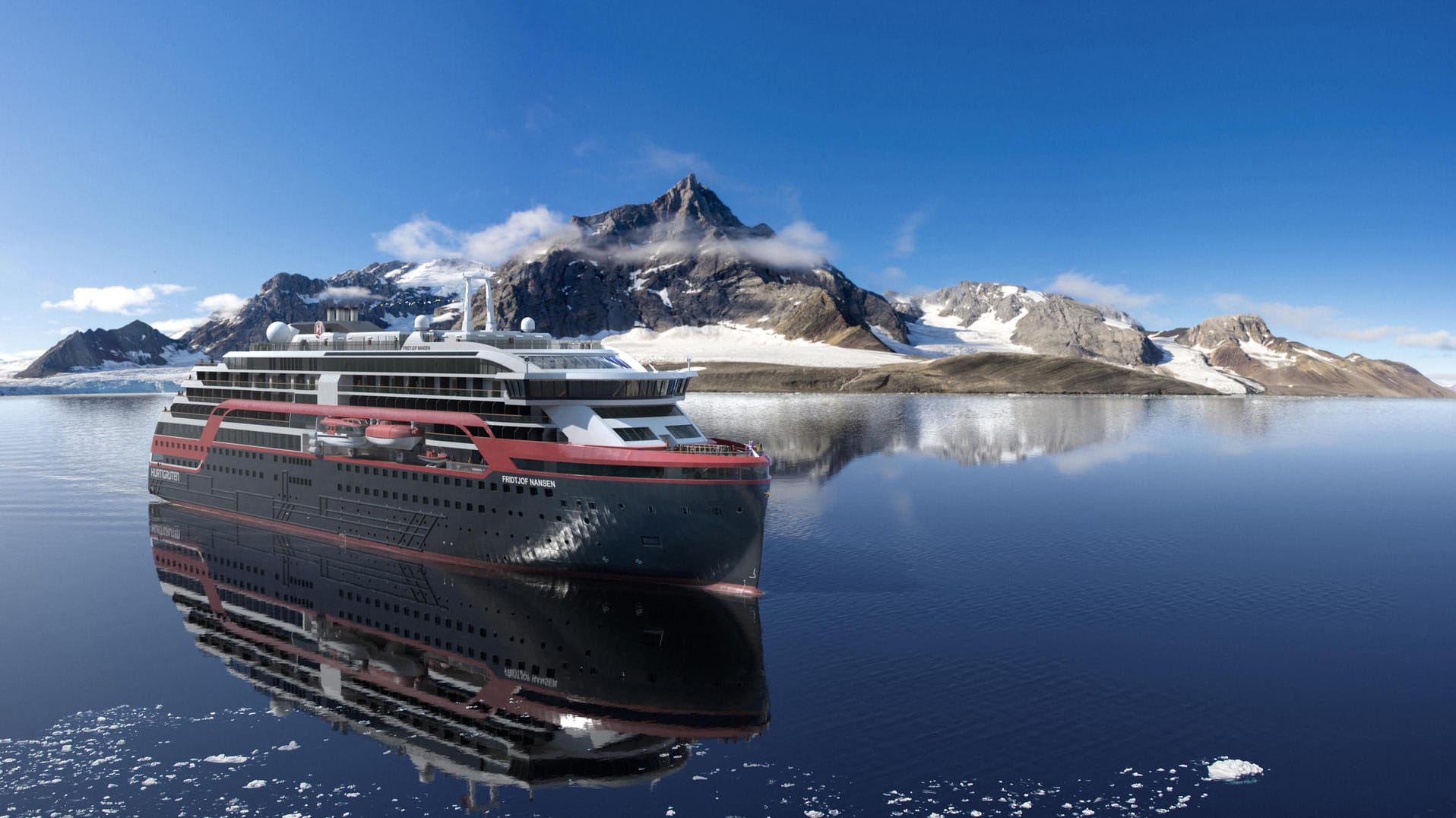 Modell der geplanten "Fridtjof Nansen" von Hurtigruten: Insgesamt plant die Reederei drei neue hybridbetriebene Expeditionskreuzfahrtschiffe.