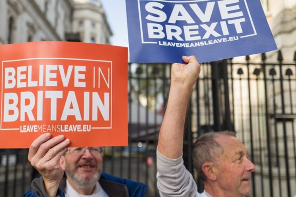 Brexit-Befürworter demonstrieren vor Downing Street 10, wo das britische Kabinett zum Brexit tagt.