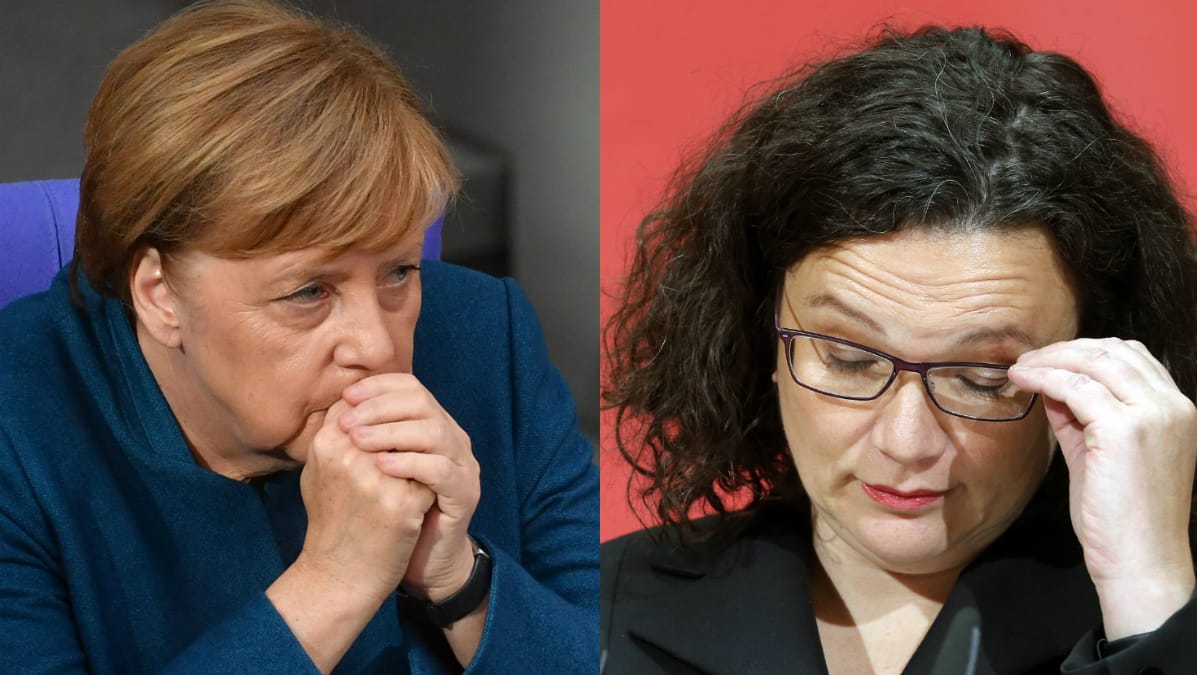 Kanzlerin Angela Merkel und SPD-Chefin Andrea Nahles: CDU und SPD stecken im Umfragetief. Während die CDU einen neuen Vorsitzenden sucht, debattiert die SPD über den Fortbestand der Groko.