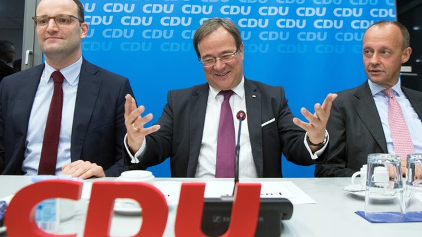 Jens Spahn, Armin Laschet Friedrich Merz auf der CDU-Landesvorstandssitzung in Düsseldorf.