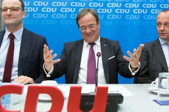 Jens Spahn, Armin Laschet Friedrich Merz auf der CDU-Landesvorstandssitzung in Düsseldorf.