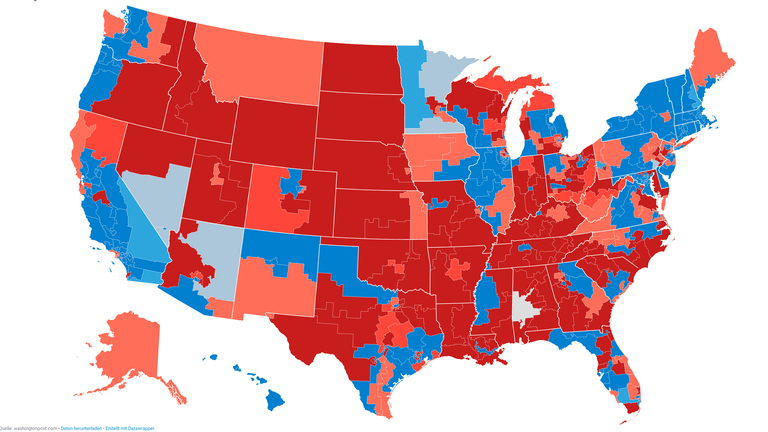 Die Karte mit den 435 Wahlkreisen für das Repräsentantenhaus: Die Demokraten konnten in vielen einwohnerstarken Staaten punkten.