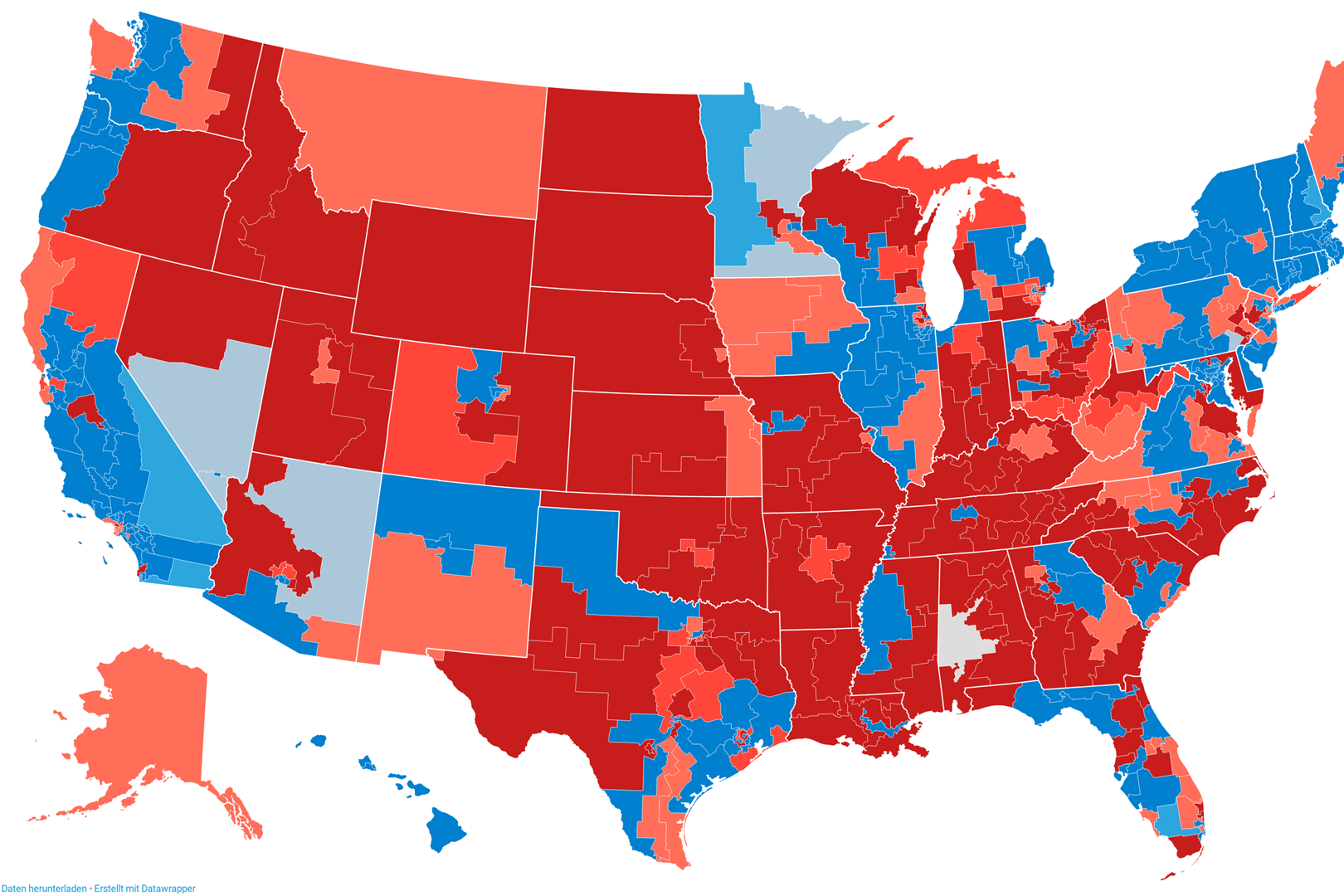 Die Karte mit den 435 Wahlkreisen für das Repräsentantenhaus: Die Demokraten konnten in vielen einwohnerstarken Staaten punkten.