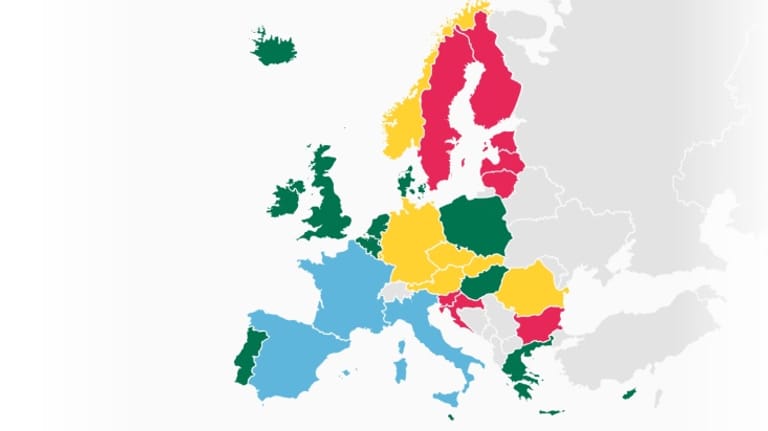 Europa-Karte: Wie Länder die Winterreifenpflicht regeln, zeigt eine farbkodierte Karte des Europäischen Verbraucherzentrums.