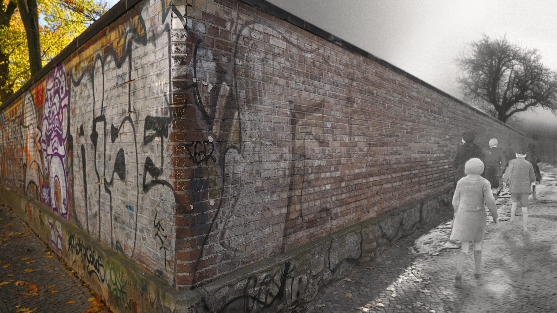 Die Mauer am Alten Garnisonsfriedhof im Berliner Scheunenviertel: Wo heute eine beliebte Szenegegend ist, litten vor 80 Jahren jüdische Kinder und Erwachsene. (Montage)