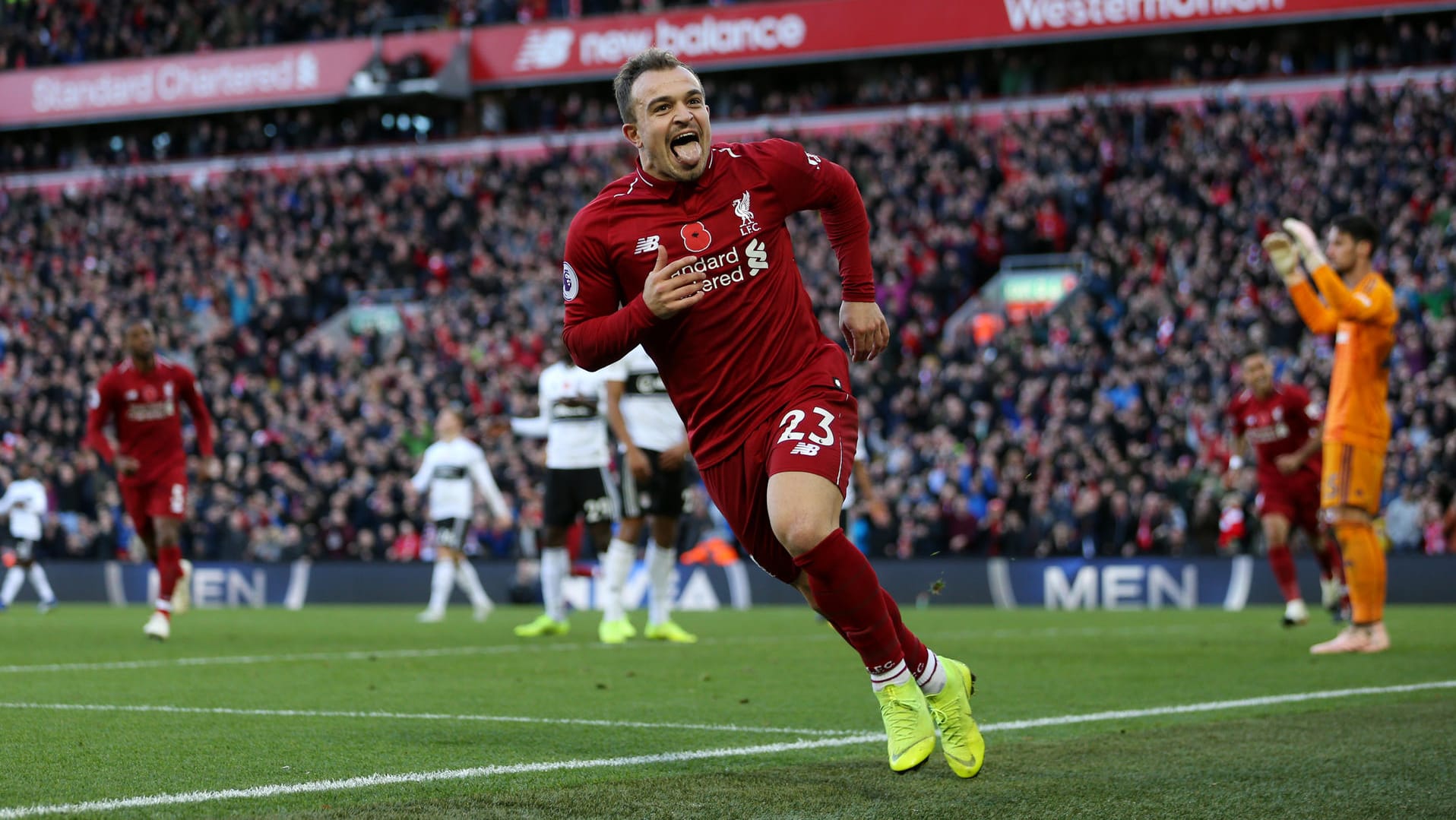 Liverpools Shaqiri jubelt über sein Tor gegen Fulham.