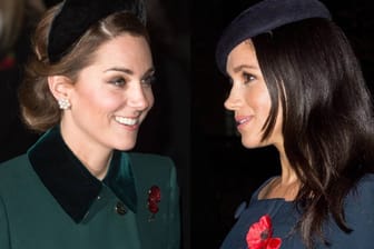 Royale Looks für den Abend: Herzogin Kate trumpft in Grün auf, Meghan setzt auf Dunkelblau.