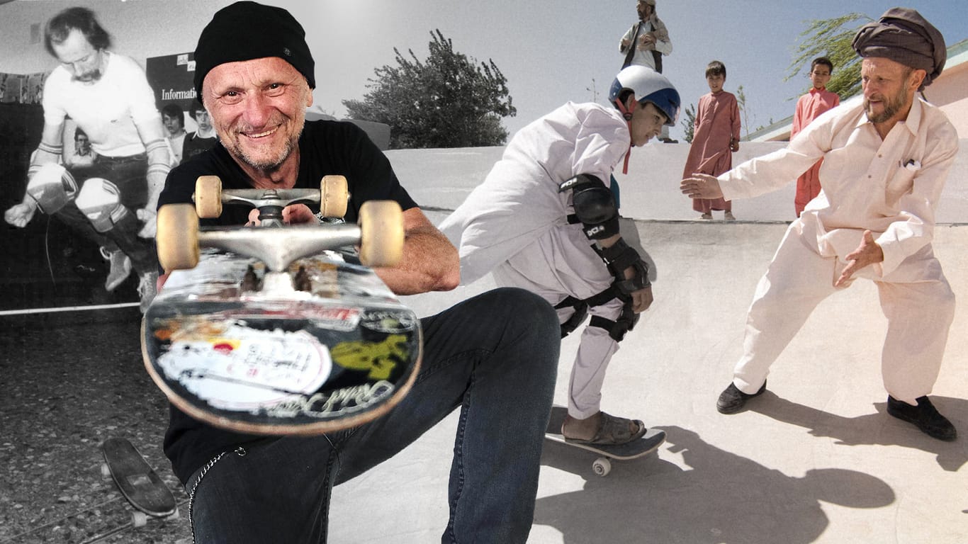 Kann einfach nicht ohne Skateboard: Titus Dittmann (l. beim Skateboard-Hochsprung, r. beim Skate-Unterricht im afghanischen Karokh).