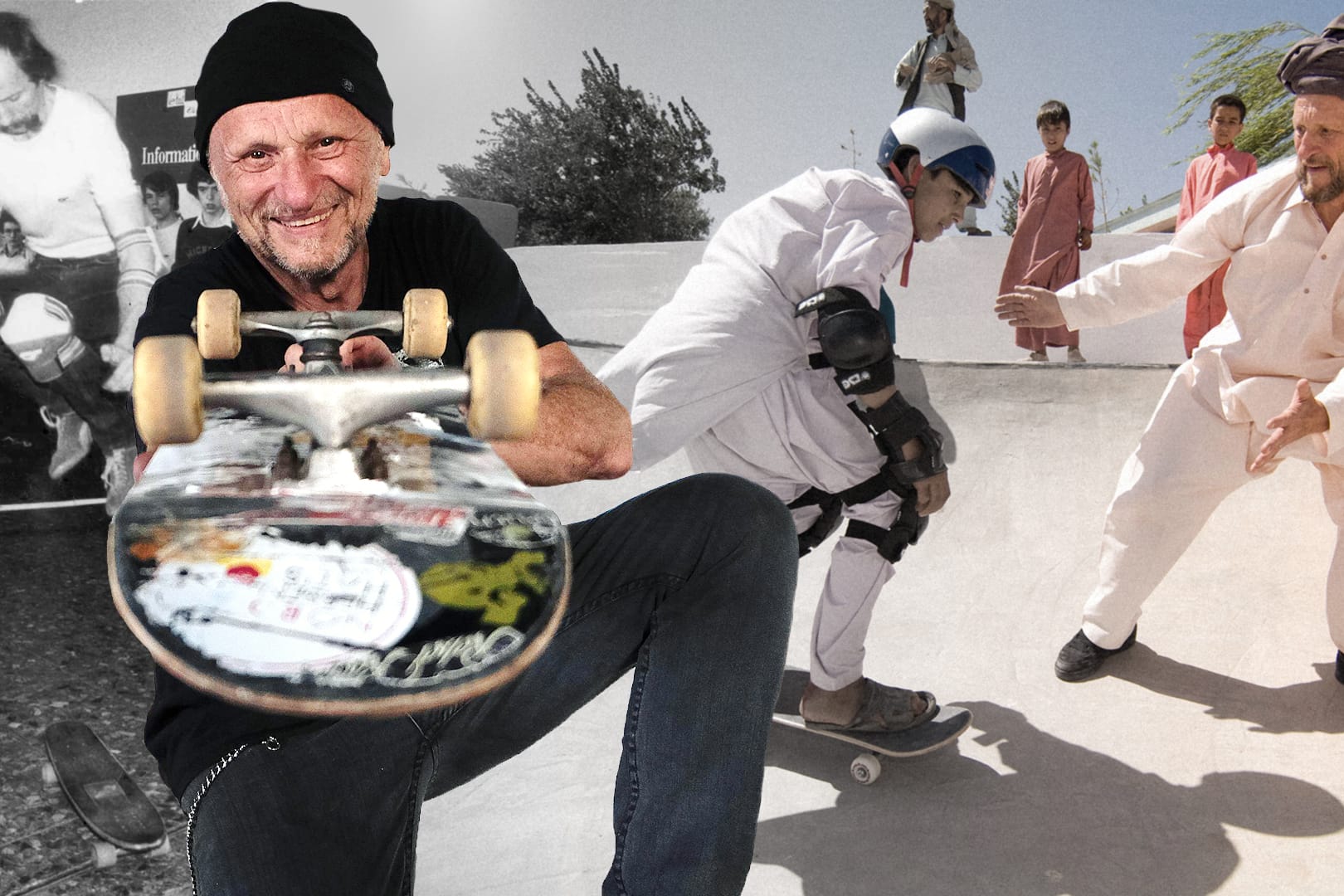 Kann einfach nicht ohne Skateboard: Titus Dittmann (l. beim Skateboard-Hochsprung, r. beim Skate-Unterricht im afghanischen Karokh).