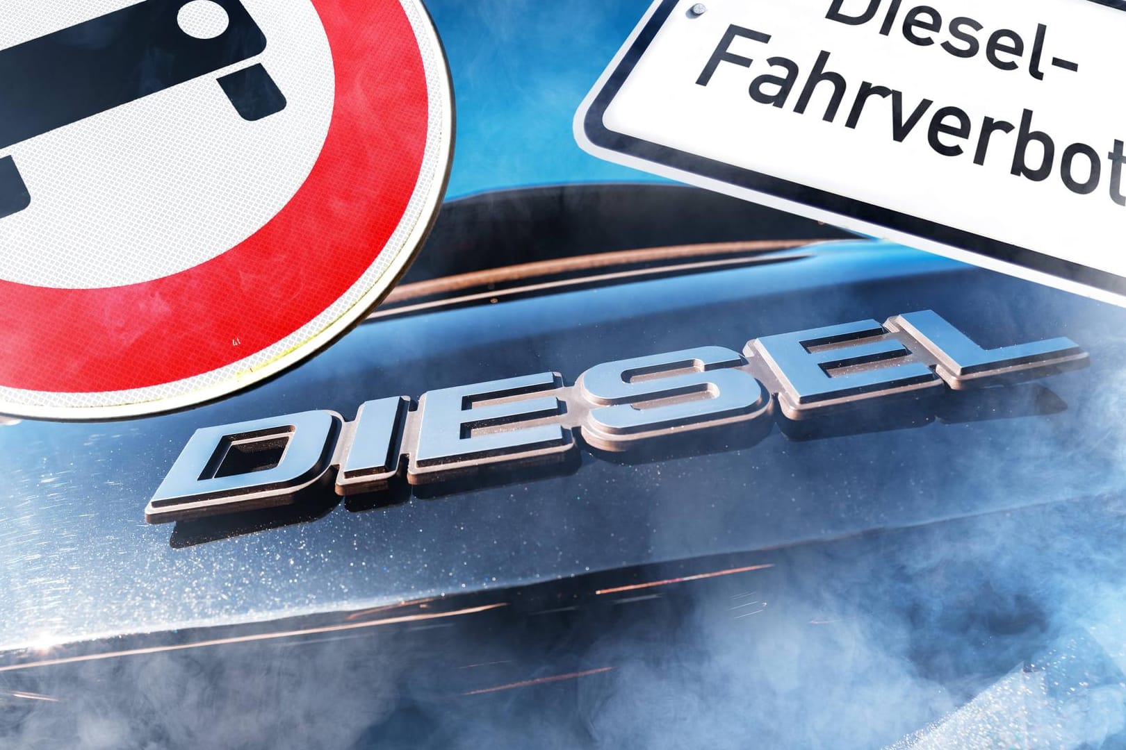 Dieselzeichen auf einem Auto und Verkehrszeichen