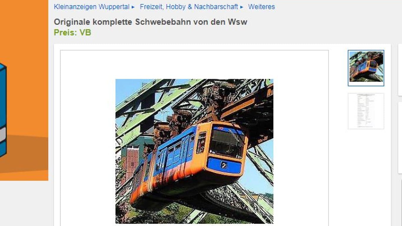 Ein Wuppertaler bietet auf Ebay-Kleinanzeigen eine originale Schwebebahn an. Noch ist das Fahrzeug in Betrieb. (Screenshot der Anzeige auf www.ebay-kleinanzeigen.de)