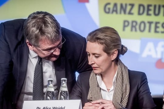 Bislang genießt sie Rückendeckung: Jörg Meuthen, Co-Bundessprecher der AfD, spricht mit Fraktionschefin Alice Weidel.
