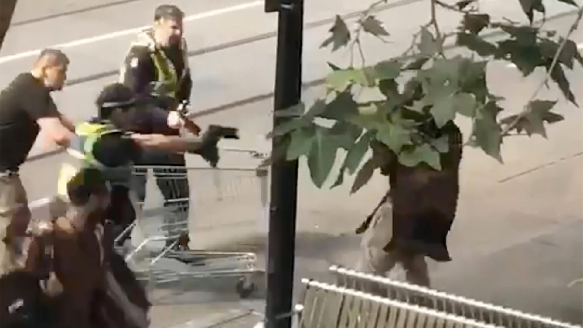 Nur mit einem Einkaufswagen bewaffnet: Das Standbild zeigt Michael Rogers (l., mit Einkaufswagen) und Polizisten, die einen bewaffneten Mann überwältigen wollen. Nur mit einem Einkaufswagen bewaffnet: Das Standbild zeigt Michael Rogers (l., mit Einkaufswagen) und Polizisten, die einen bewaffneten Mann überwältigen wollen.