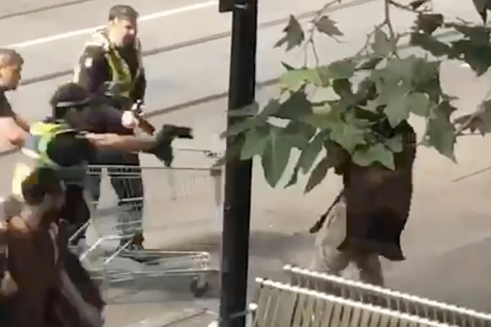 Nur mit einem Einkaufswagen bewaffnet: Das Standbild zeigt Michael Rogers (l., mit Einkaufswagen) und Polizisten, die einen bewaffneten Mann überwältigen wollen.