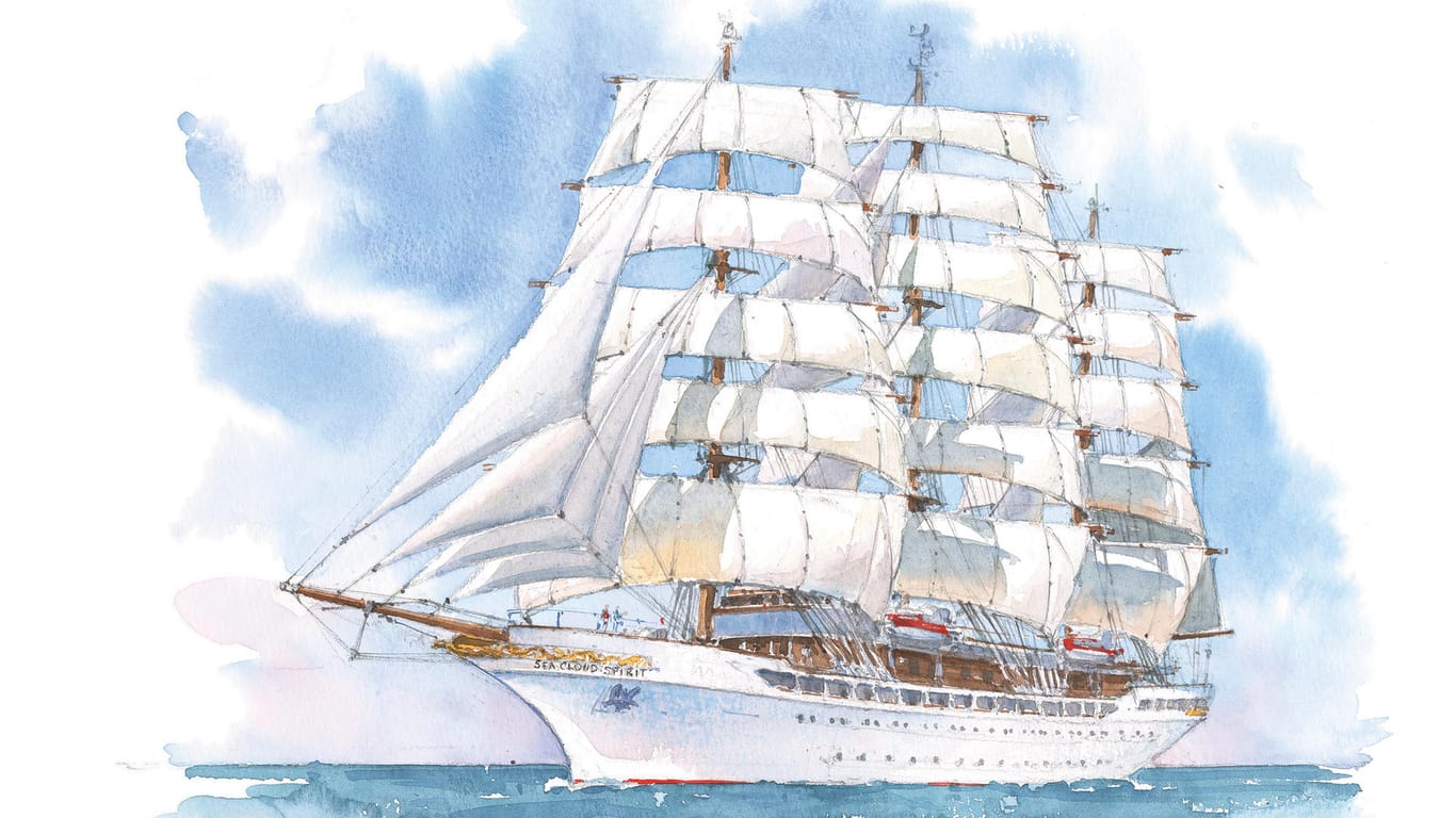Zeichnung des Dreimasters: Die "Hussar" von Sea Cloud Cruises segelt 2020 los – getauft wird sie auf einen neuen Namen.