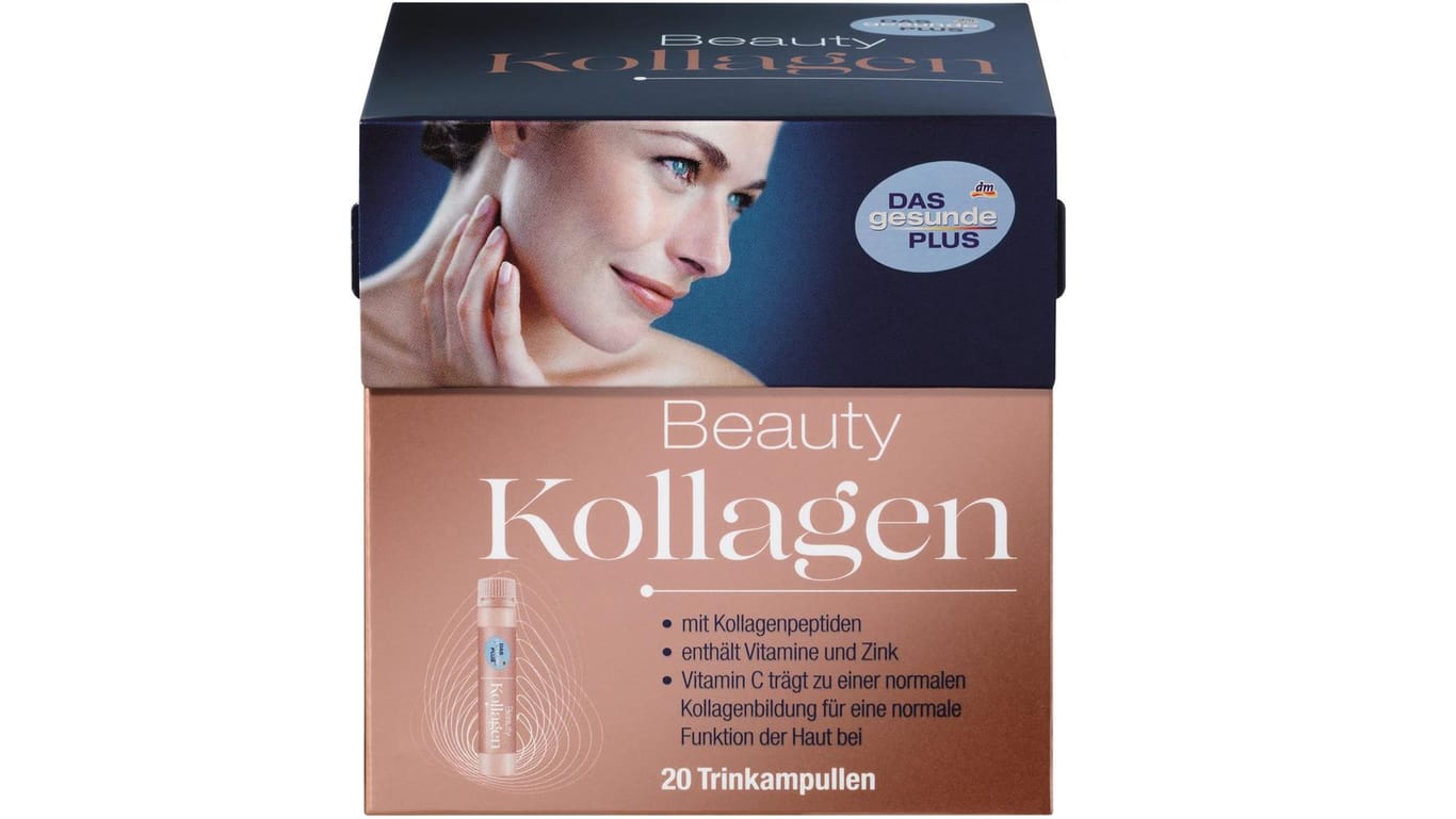Produktverpackung von "DAS gesunde PLUS Beauty Kollagen": Bei Verzehr können allergische Reaktionen auftreten.