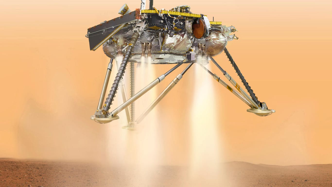 Computeranimation von "InSight": Der stationäre Roboter soll mehr über Aufbau und Dynamik der Marsoberfläche herausfinden.