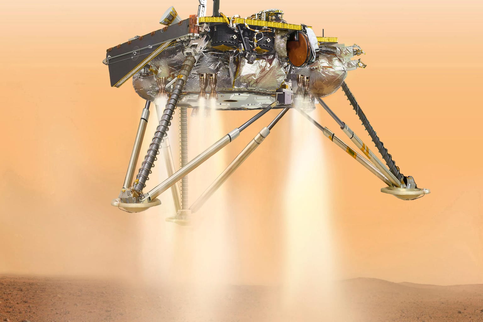 Computeranimation von "InSight": Der stationäre Roboter soll mehr über Aufbau und Dynamik der Marsoberfläche herausfinden.