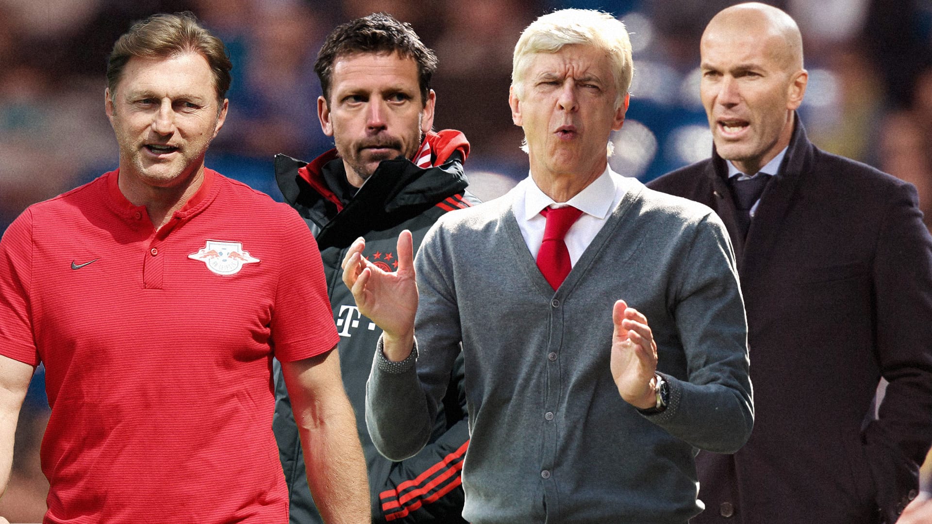 (von links): Ralph Hasenhüttl, Holger Seitz, Arsène Wenger und Zinédine Zidane.