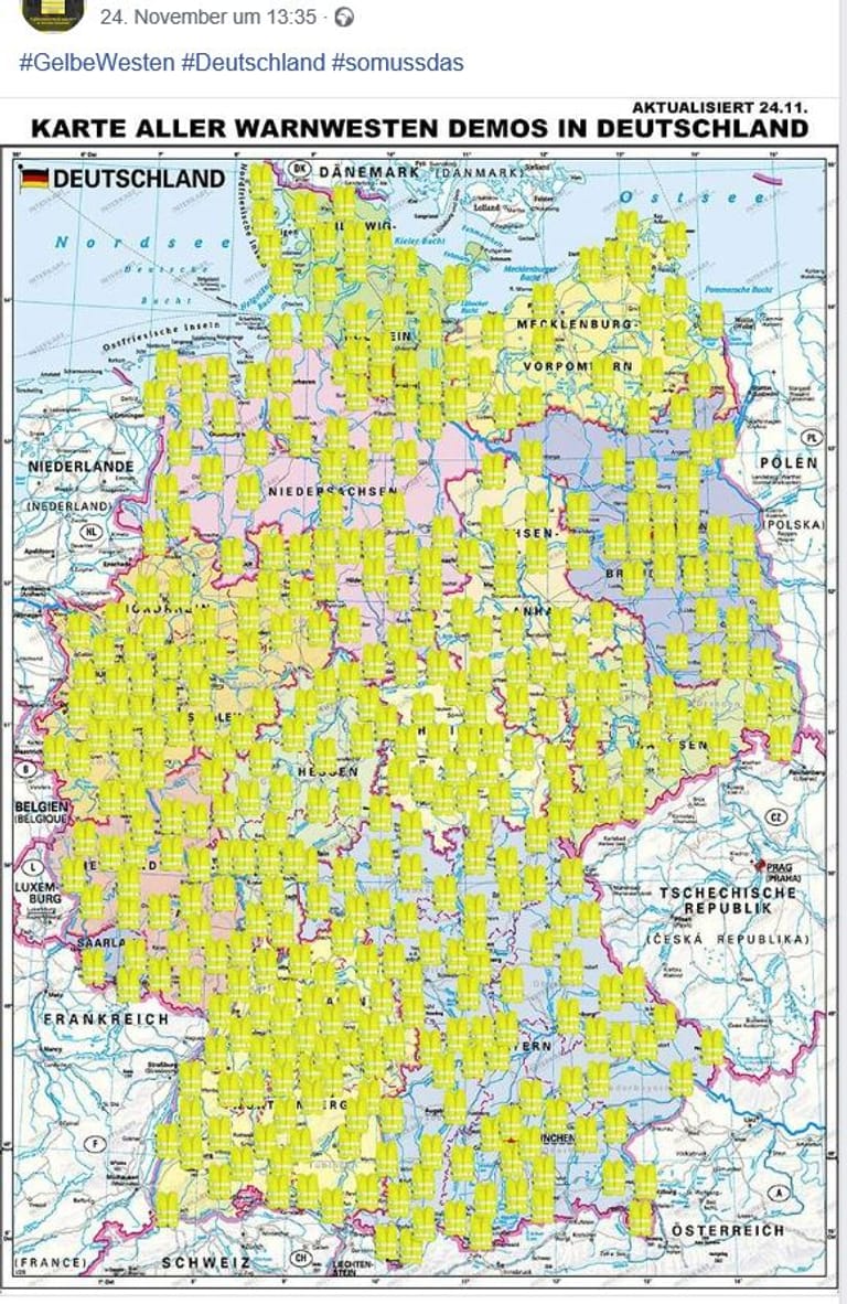 Wunschdenken: Bereits am Freitag existierte diese Karte von Warnwesten-Demonstrationen. Es gibt keine Belege, dass an die vielen Orten tatsächlich schon etwas organisiert war.