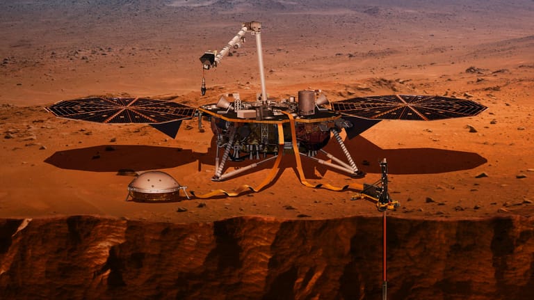 Computeranimation von "InSight": Der stationäre Roboter soll mehr über Aufbau und Dynamik der Marsoberfläche herausfinden.
