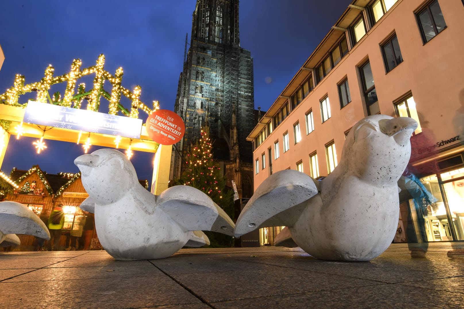 Ulm: Fünf Spatzen aus Beton stehen am Eingang zum Weihnachtsmarkt als Sicherheitsbarriere auf dem Boden.