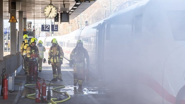Feuerwehrleute stehen an dem in Brand geratenen ICE.