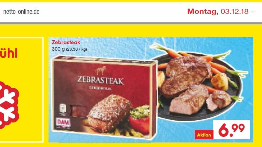 Werbeprospekt: Ein Discounter verkauft Zebrasteak.