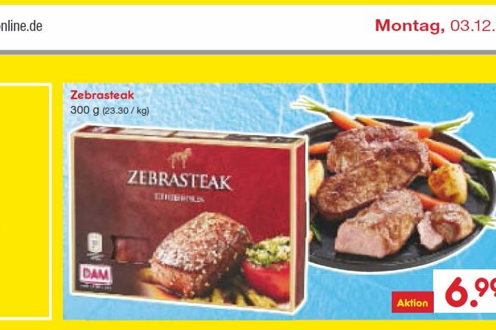 Werbeprospekt: Ein Discounter verkauft Zebrasteak.