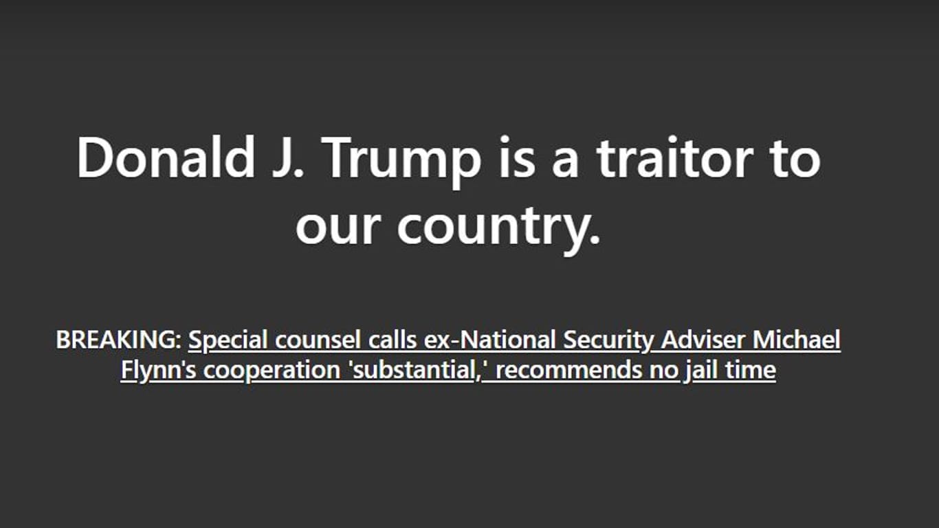 Screenshot der Internetseite: "Donald J. Trump ist ein Verräter unseres Landes", steht dort.