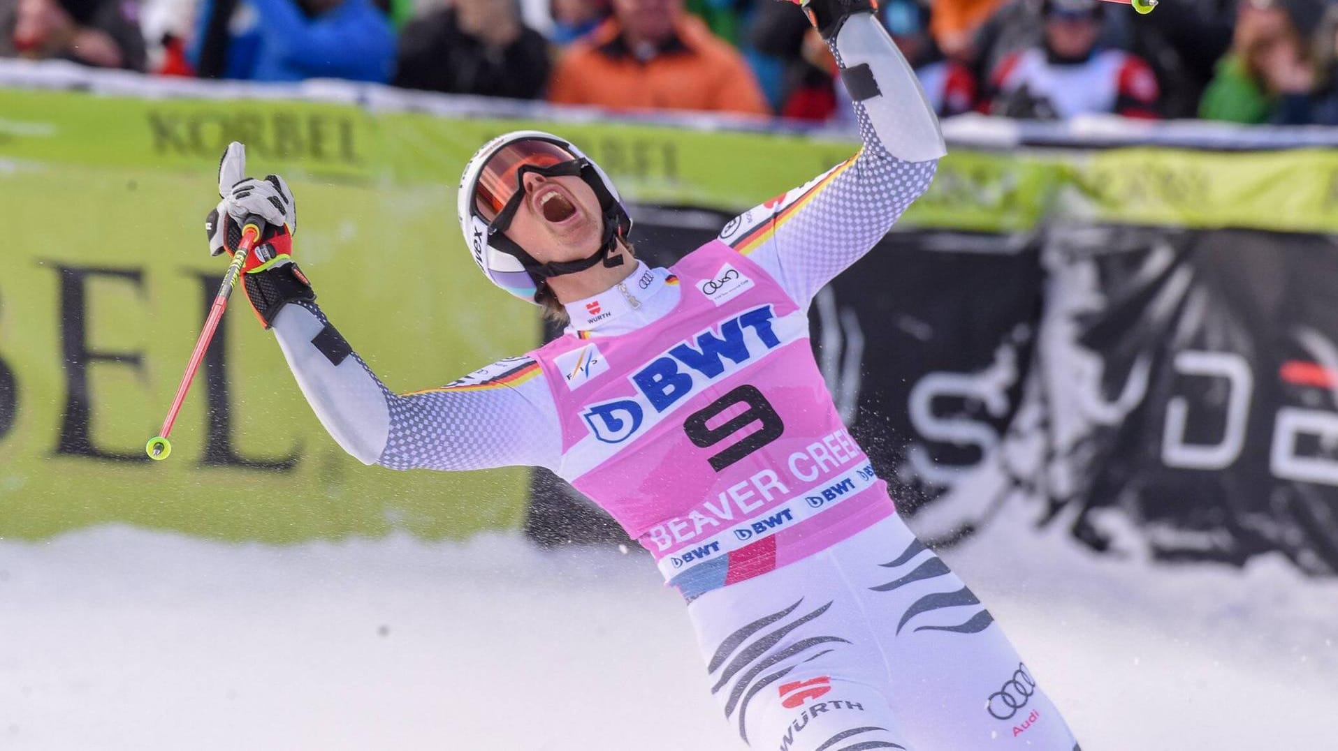 Zu früh gefreut? Stefan Luitz jubelt im Ziel nach seinem Überraschungscoup in Beaver Creek.