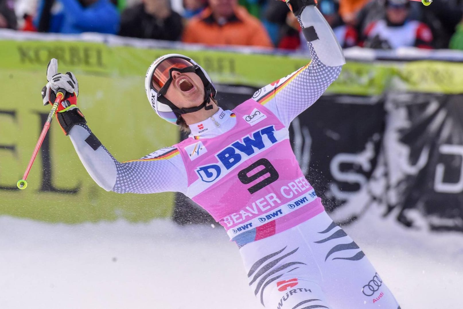 Zu früh gefreut? Stefan Luitz jubelt im Ziel nach seinem Überraschungscoup in Beaver Creek.