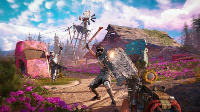 Im Gegensatz zum düsteren, aber humorvollen "Fallout" wirkt "Far Cry New Dawn" trotz ähnlichem Setting recht bunt. Im Gegensatz zum düsteren, aber humorvollen "Fallout" wirkt "Far Cry New Dawn" trotz ähnlichem Setting recht bunt.