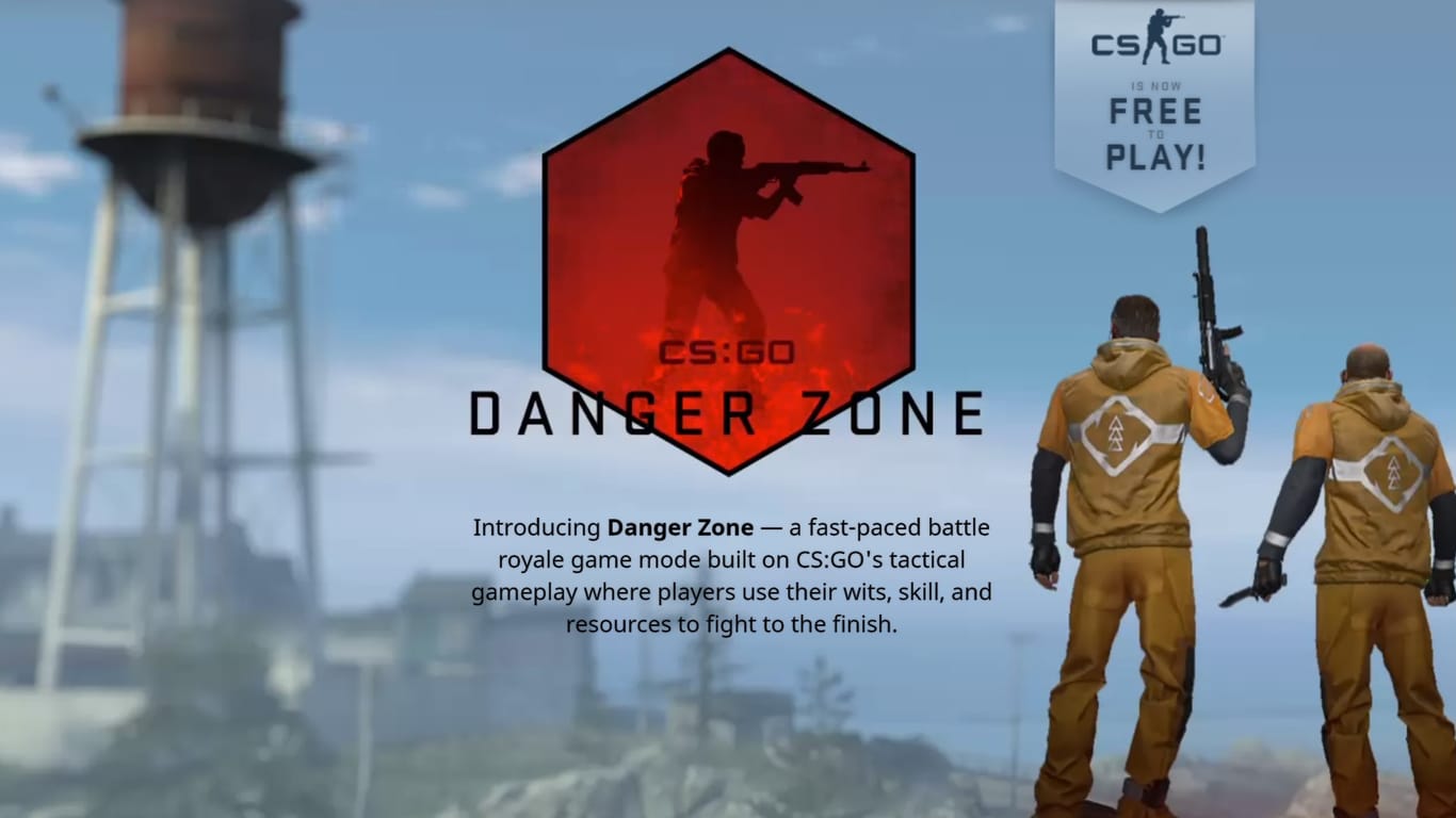 Die Ankündigung für "Danger Zone" vor dem Hintergrund eines Ausschnitts aus dem Spiel "Counter Strike GO": In dem neuen Modus können bis zu 18 Spieler gegen einander antreten.