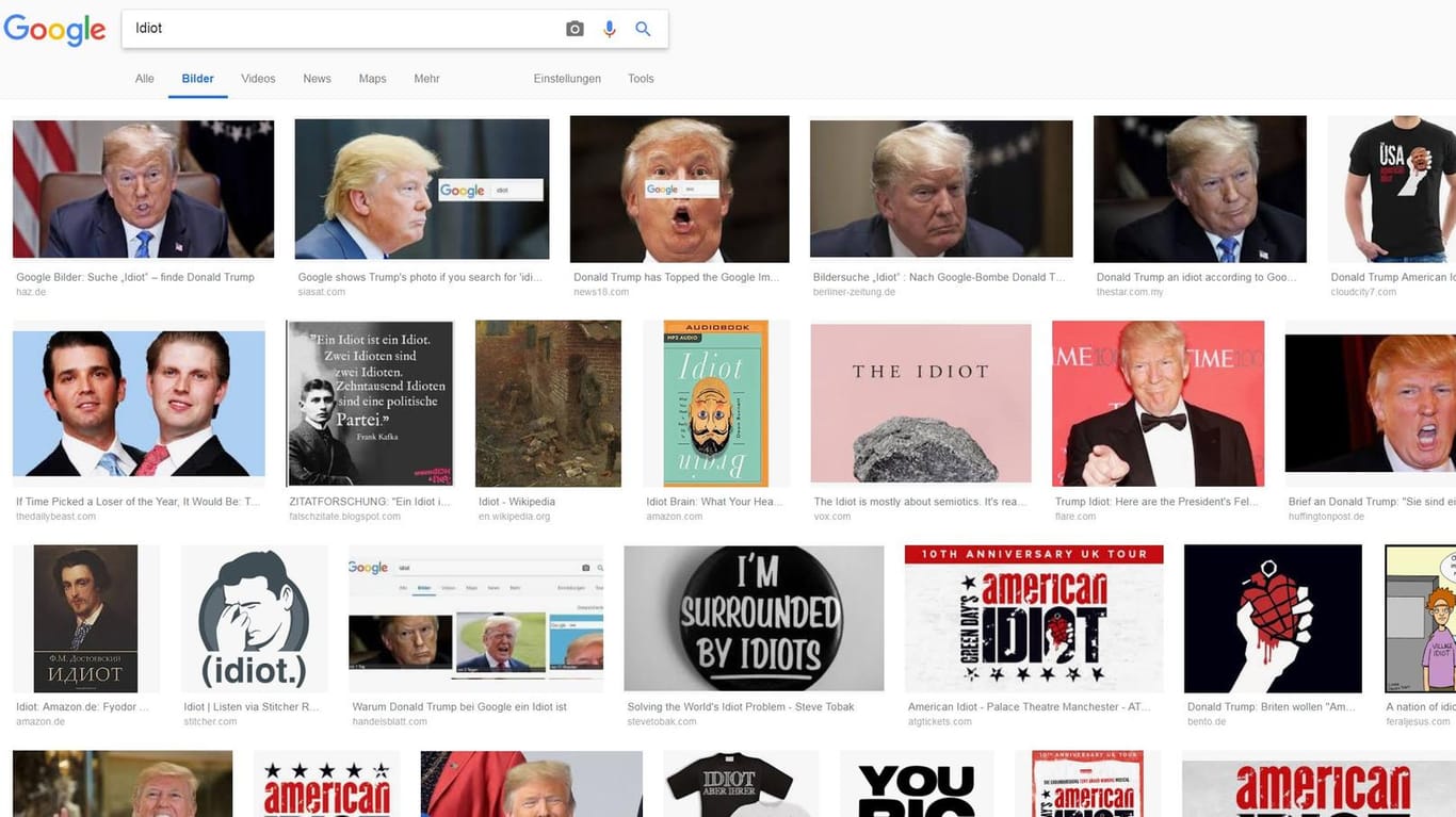 Google-Suche zum Stichwort "Idiot": US-Präsident Donald Trump dominiert die Ergebnisse. Die US-Republikaner wittern eine Verschwörung der Suchmaschine.