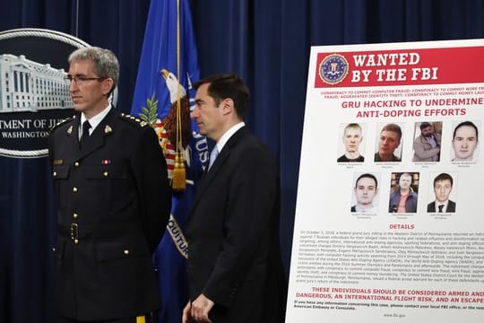Fahndungsaufruf: Die USA klagen sieben Agenten des Militärgeheimdiensts GRU unter anderem wegen der Cyberattacke auf die Welt-Anti-Doping-Agentur WADA an.