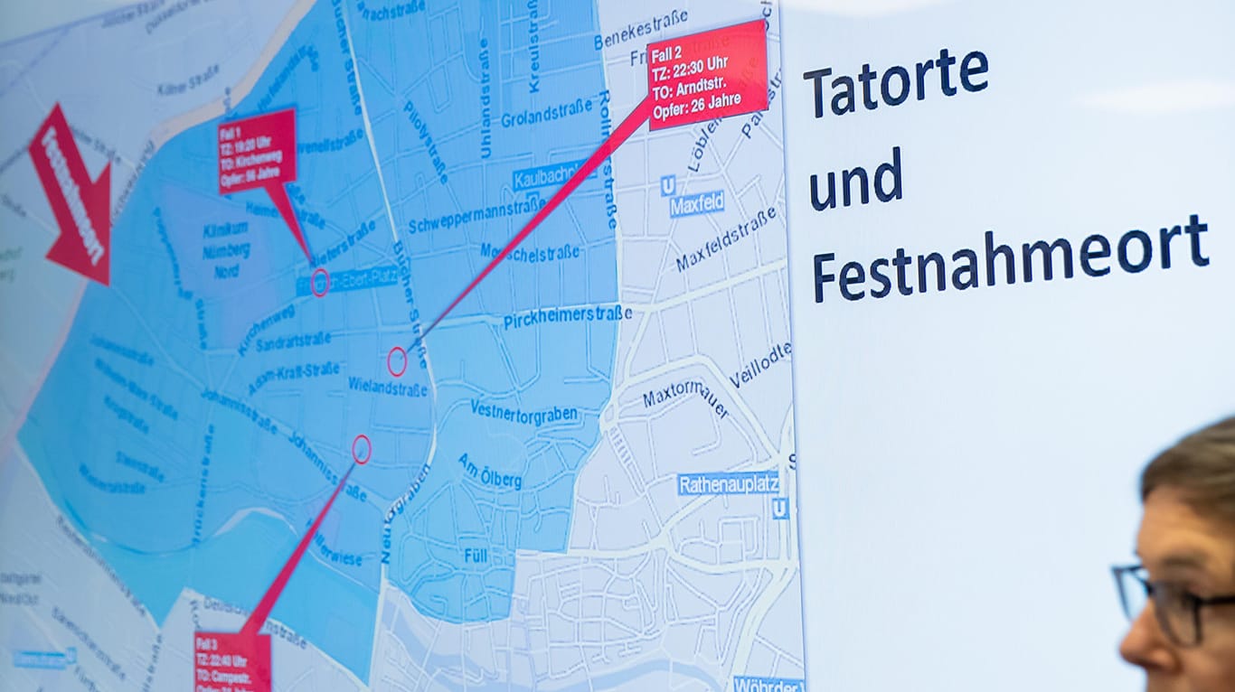 Ein Karte des Nürnberger Stadtteils St. Johannis mit den Markierungen der Tatorte und des Festnahmeorts: Der Täter soll drei Frauen innerhalb von etwa drei Stunden niedergestochen haben.