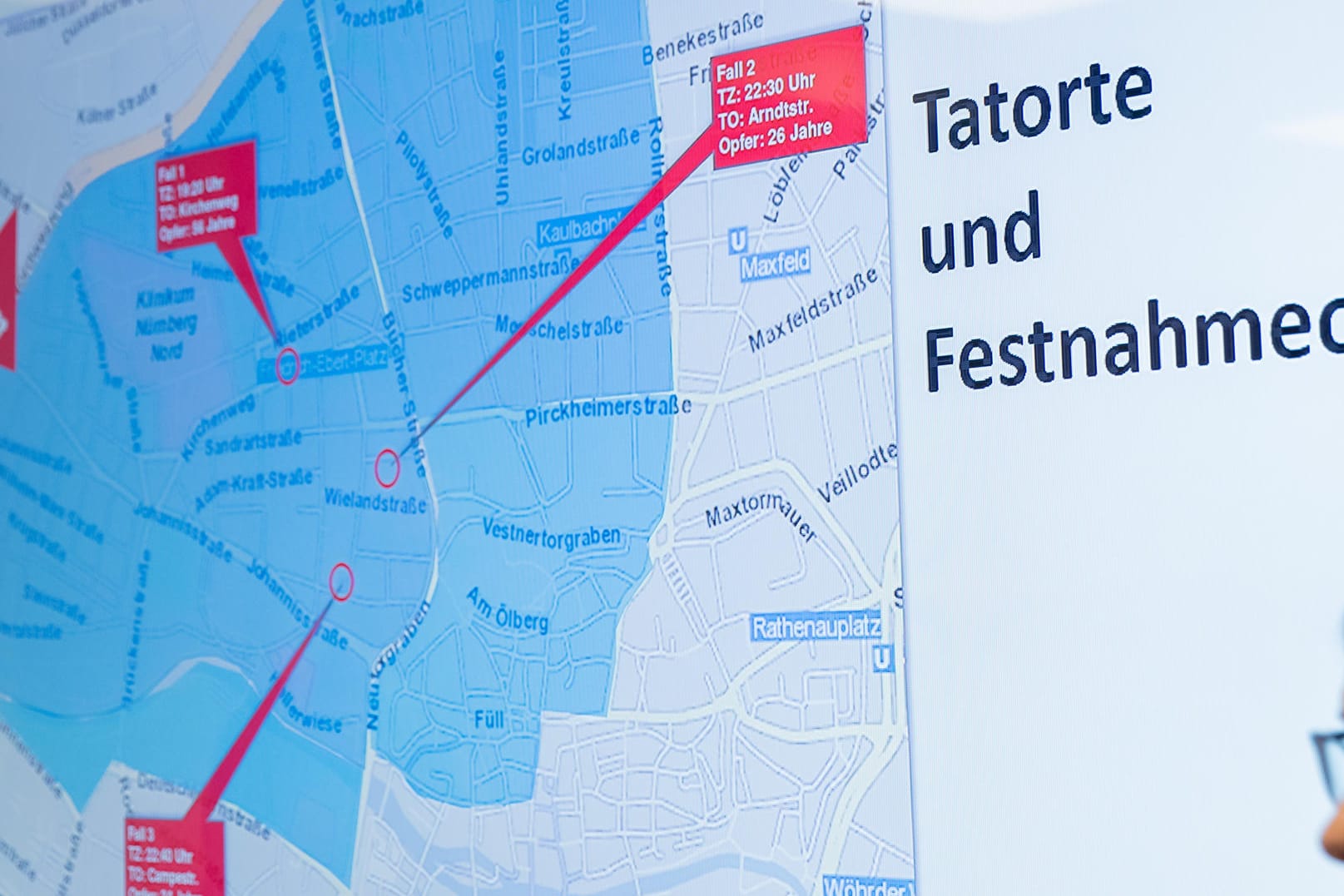 Ein Karte des Nürnberger Stadtteils St. Johannis mit den Markierungen der Tatorte und des Festnahmeorts: Der Täter soll drei Frauen innerhalb von etwa drei Stunden niedergestochen haben.