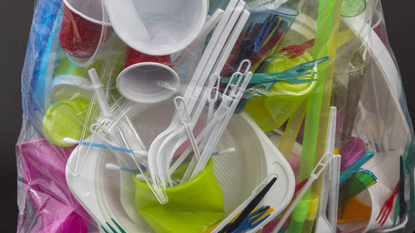 Müllsack gefüllt mit Einweggeschirr und Plastikbesteck: In der EU sind solche Produkte künftig verboten.