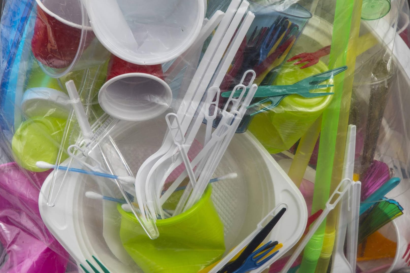 Müllsack gefüllt mit Einweggeschirr und Plastikbesteck: In der EU sind solche Produkte künftig verboten.
